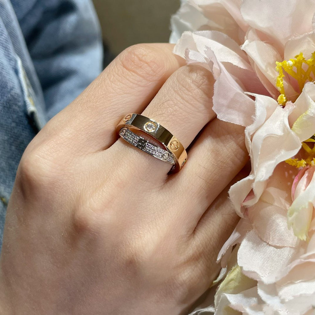 GlowLOVE PINK GOLD SILVER DIAMOND DOUBLE RING