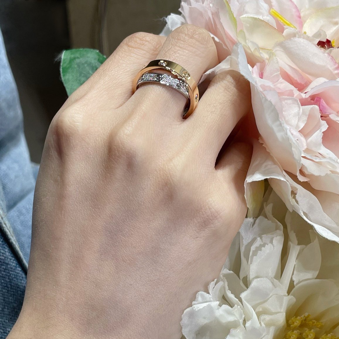 GlowLOVE PINK GOLD SILVER DIAMOND DOUBLE RING