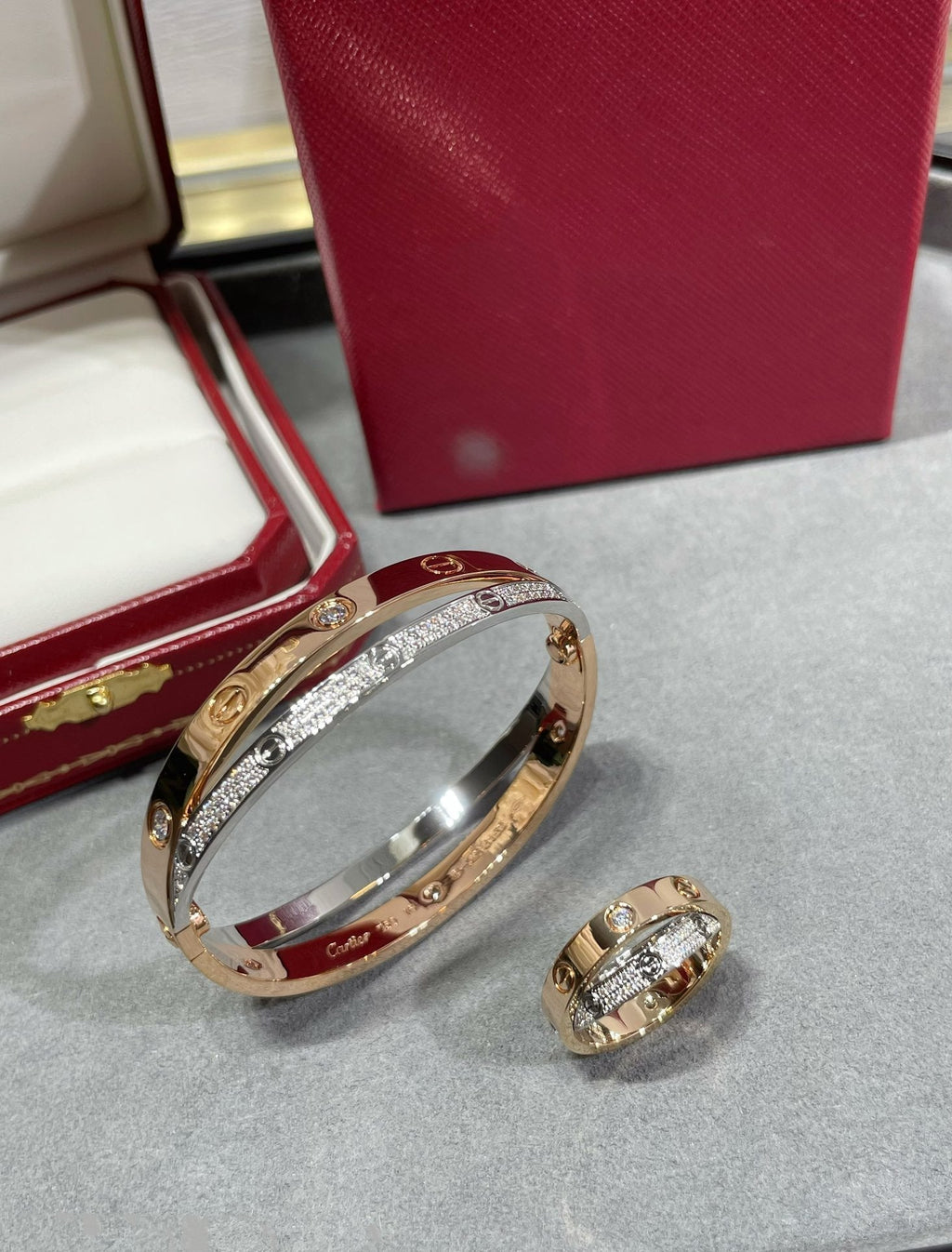 GlowLOVE PINK GOLD SILVER DIAMOND DOUBLE RING