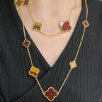 ¡®Glow¡¯CLOVER 16 MOTIF CARNELIAN TIGER EYE ROSE GOLD NECKLACE
