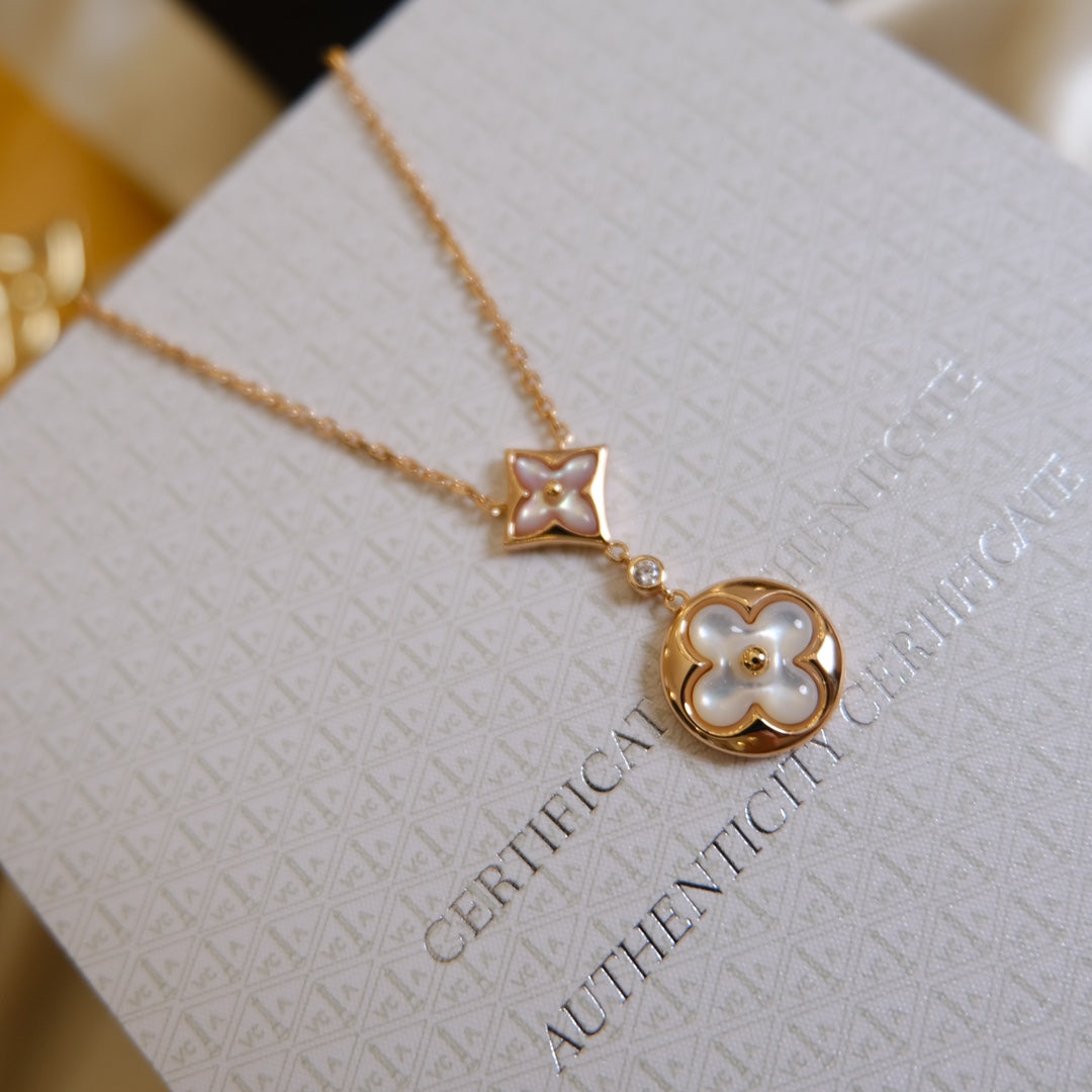 GlowSTAR AND SUN WHITE MOP 2 MOTIF PINK GOLD NECKLACE