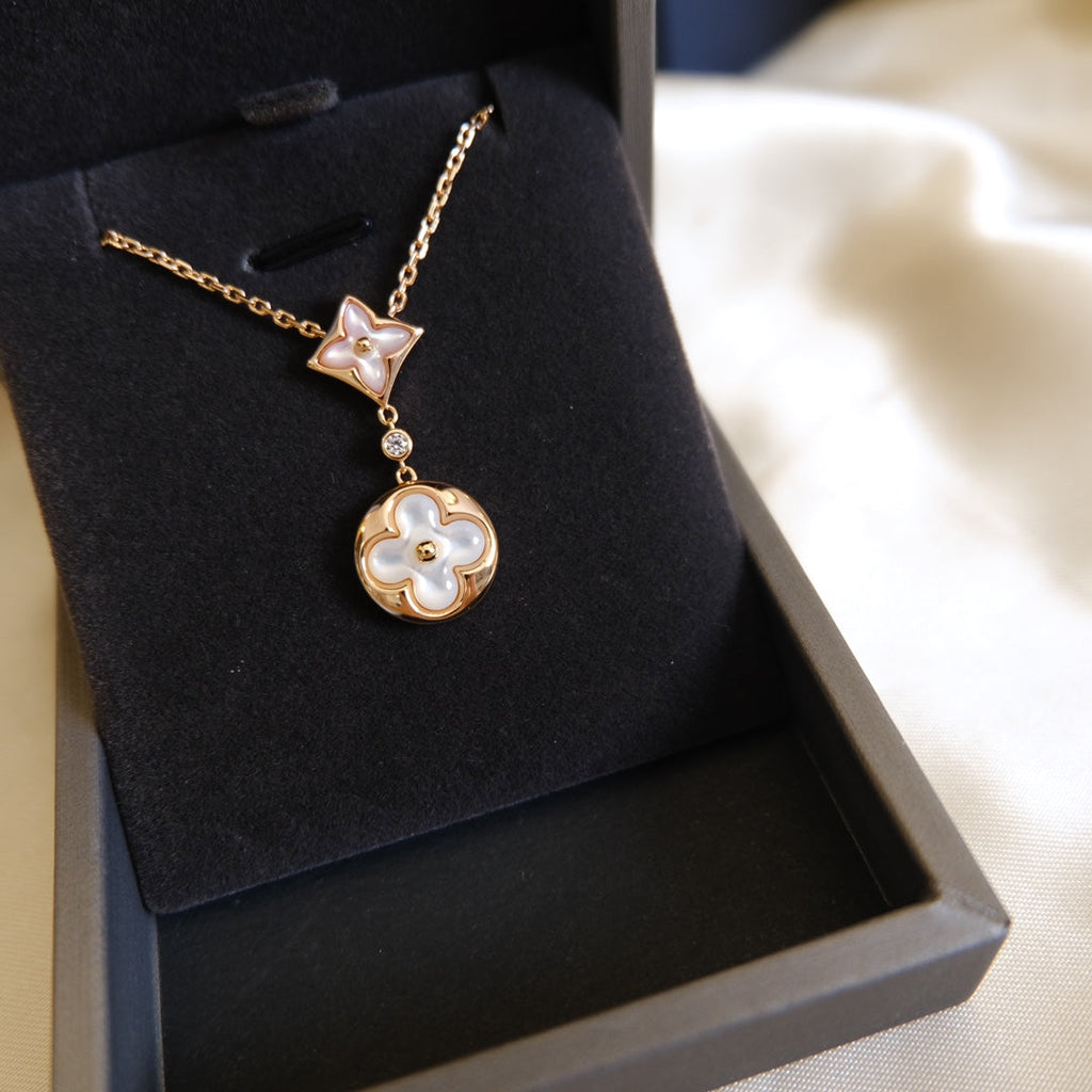 GlowSTAR AND SUN WHITE MOP 2 MOTIF PINK GOLD NECKLACE