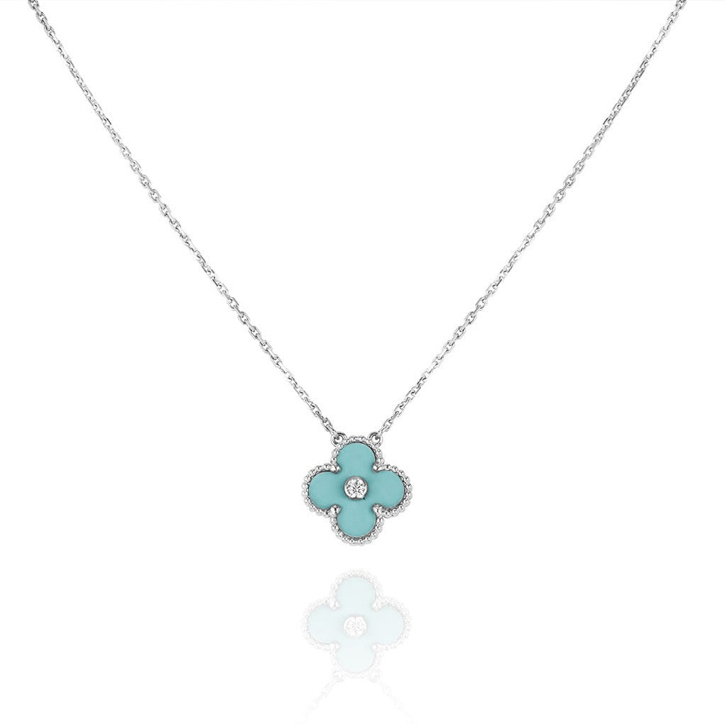 ¡®Glow¡¯CLOVER 1 DIAMOND LIGHT BLUE SILVER NECKLACE