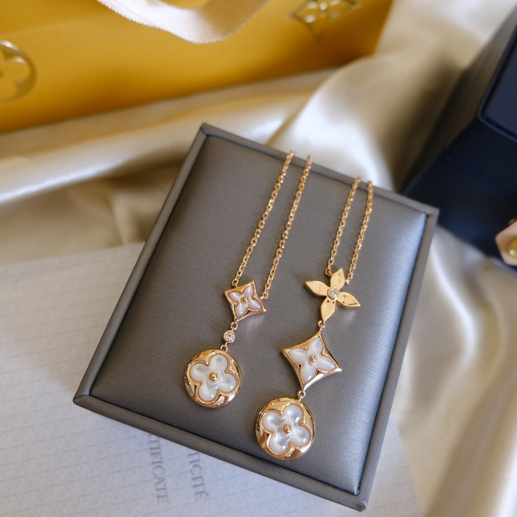 GlowCOLOR BLOSSOM LARIAT NECKLACE PINK GOLD WHITE MOTHER PEARL AND DIAMOND