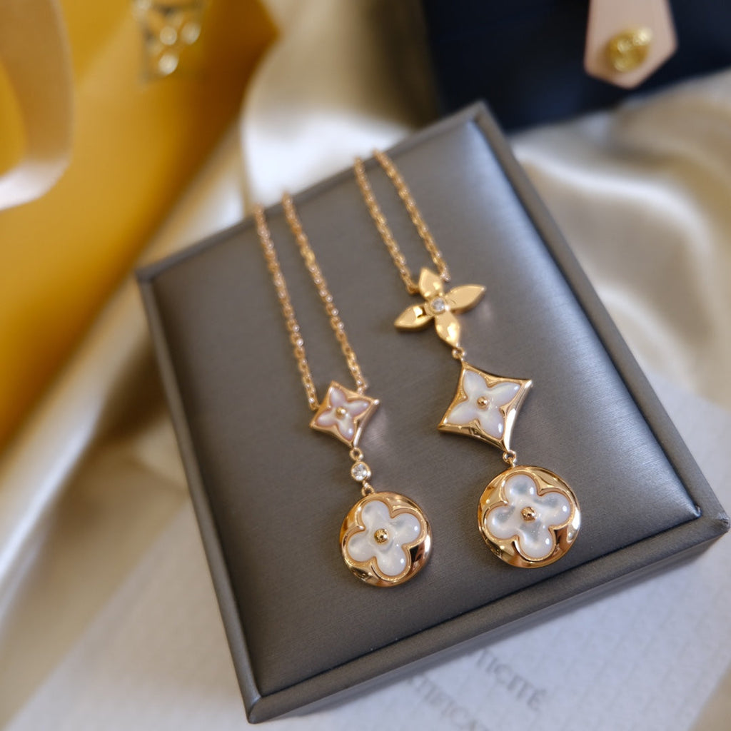 GlowCOLOR BLOSSOM LARIAT NECKLACE PINK GOLD WHITE MOTHER PEARL AND DIAMOND