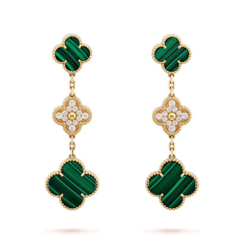 ¡®Glow¡¯CLOVER EARRINGS GOLD MALACHITE DIAMOND 3 MOTIF