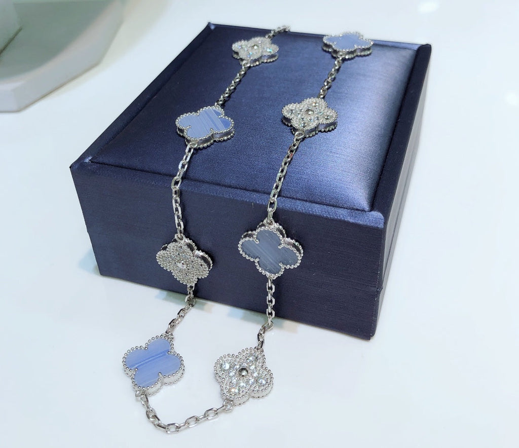 ¡®Glow¡¯CLOVER 10 MOTIFS CHALCEDONY DIAMONDS SILVER NECKLACE